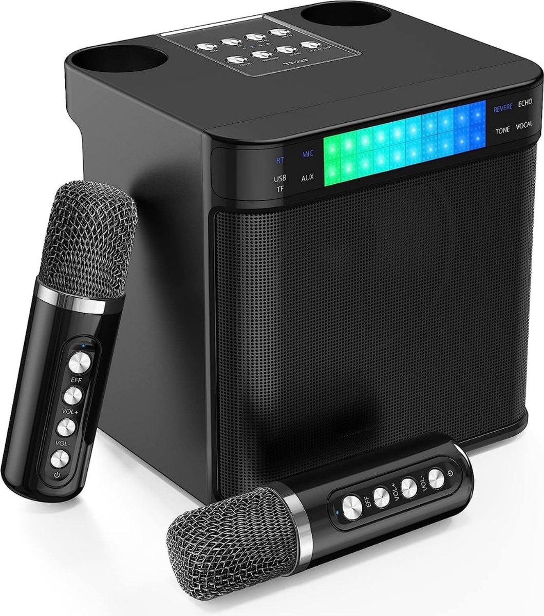 ALLGoods. Karaoke Set Voor Volwassenen en Kinderen karaoke Set Voor Tv met Twee Draadloze Microfoons – met Kleureffecten – 3D Surround Sound Multifunctioneel – Karaokesets met Bluetooth 5.0 – Professioneel Zwart