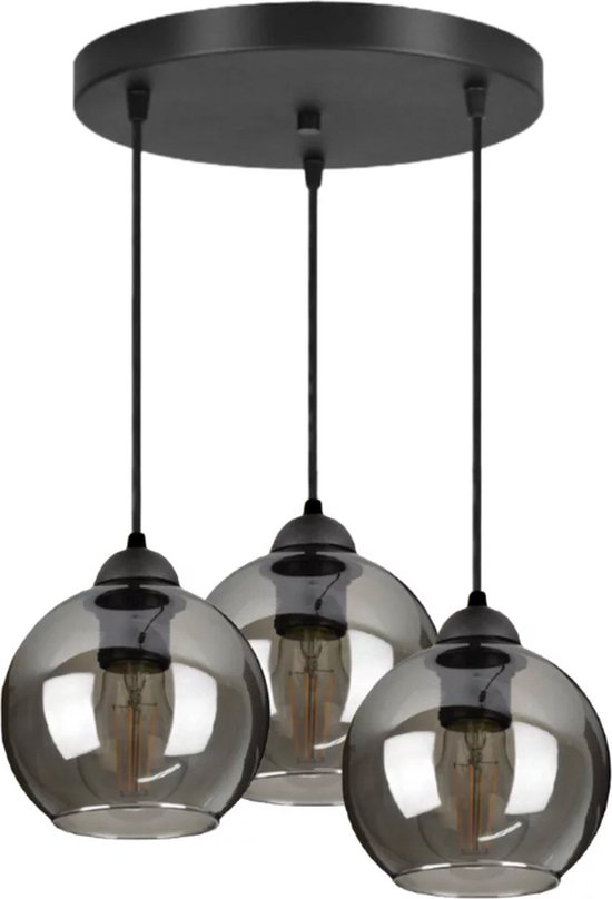 Lampe suspendue industrielle pour salon, salle à manger - Orientable max 70 cm - 3 lumières - E27 jusqu'à 60 W - Glas transparent Zwart