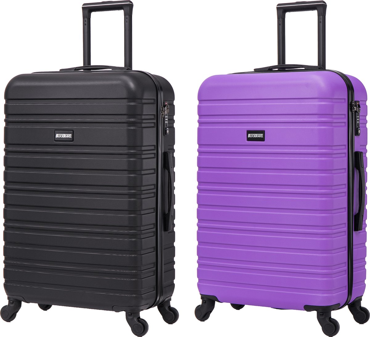 BlockTravel - kofferset - 2 delig - ABS - ruimbagage - met wielen afneembaar - 74 liter - inbouw TSA slot - zwart - paars
