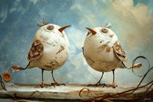 JJ-Art (Canvas) 90x60 | De vriendelijke vogels, abstract, modern surrealisme, kunst | dier, vogel, blauw, bruin, wit, modern | Foto-Schilderij canvas print (wanddecoratie)