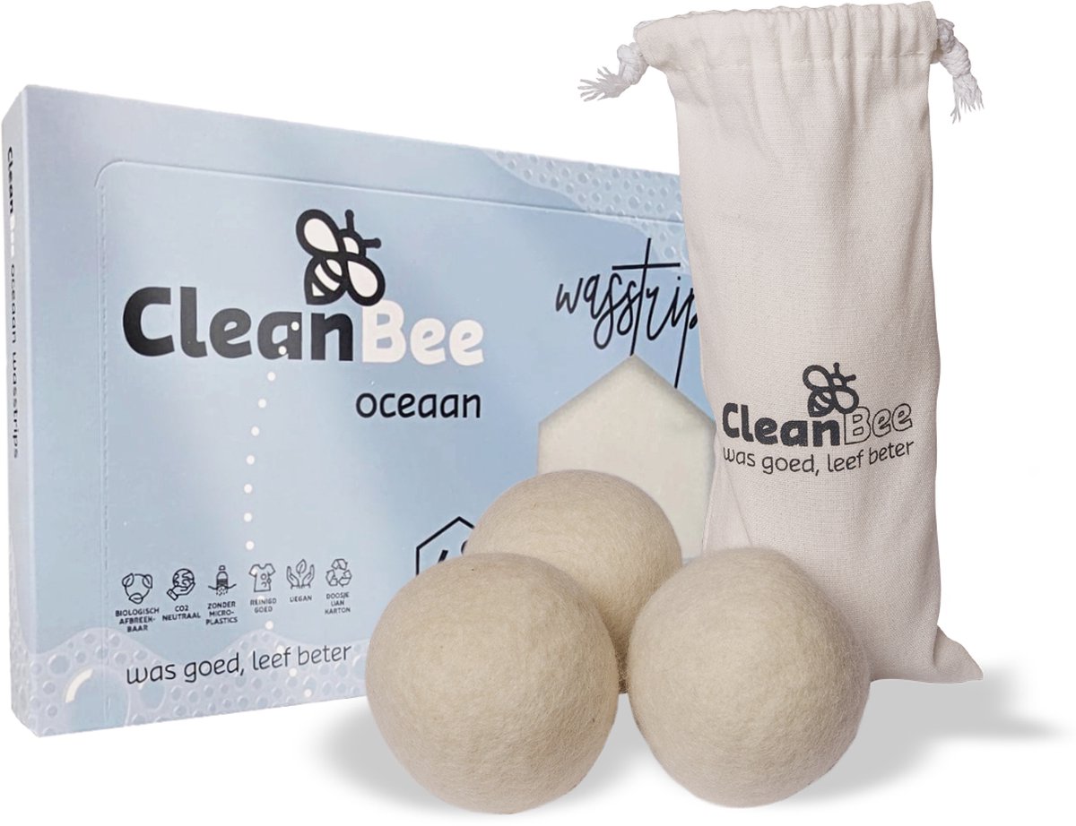 CleanBee® XXL Drogerballen 3 stuks met wasstrips 96 wasbeurten Oceaan - Wasmiddeldoekjes - Wasverzachter - Combipakket - Wasmiddel - Wasvellen - Detergent Sheets - Eco Laundry Strips - Microplasticvrij - Biologisch - Eco Wasstrips - Duurzaam