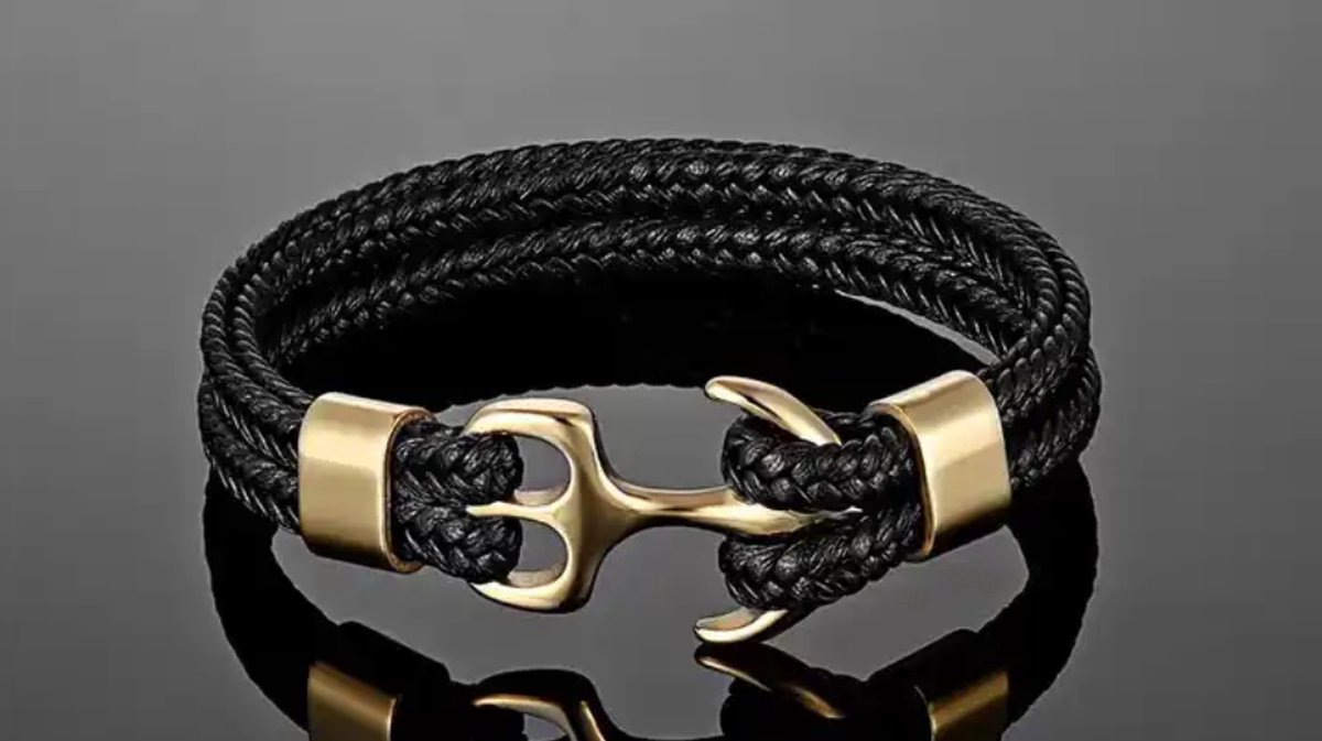 Style King - Leren anker armband met RVS Sluiting - Armband - Zwart Leer - RVS sluiting - 21 cm - Anker sluiting - Gouden accenten