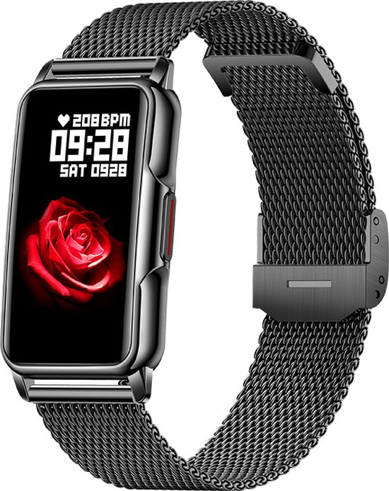 Zwarte smartwatch met rood rozen display en mesh bandje.