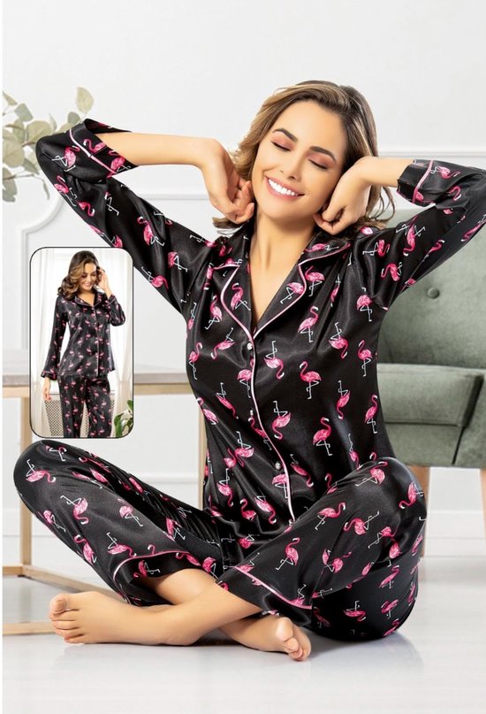 Satijn Dames 2 Delige Pyjama Luxe Pyjamaset Nachtkleding Zwart Met Flamingo Print. bol