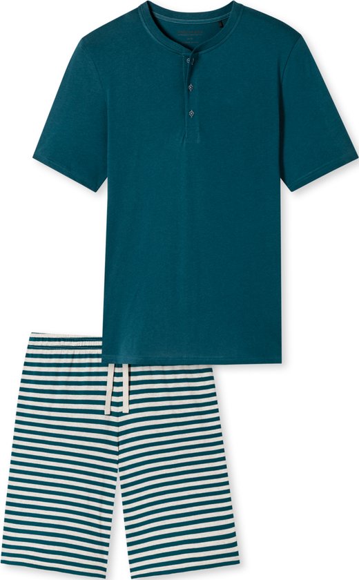 SCHIESSER Casual Nightwear pyjamaset - heren pyjama short organic cotton knoopsluiting strepen jeans blauw - Maat: S