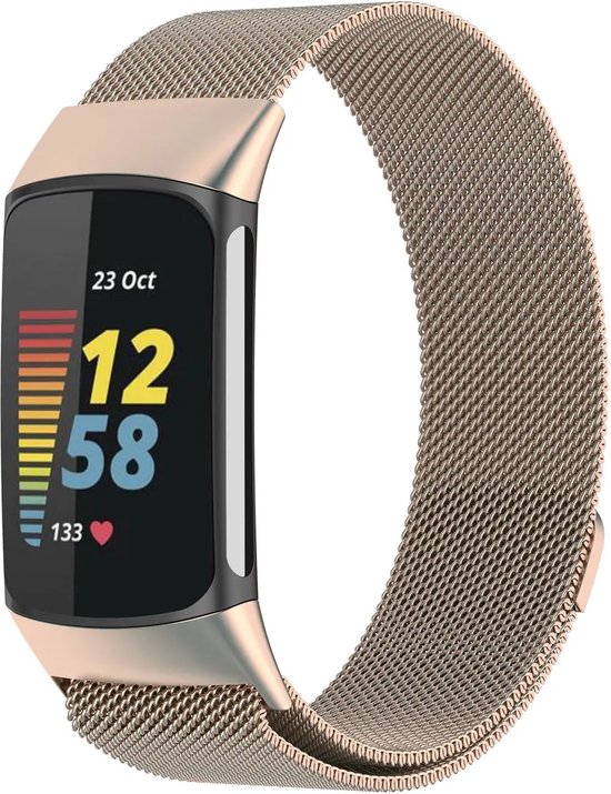 Milanese Band geschikt voor Fitbit Charge 5 - Retro Goud - Geschikt Voor Fitbit - Horlogeband - Armband - Polsband