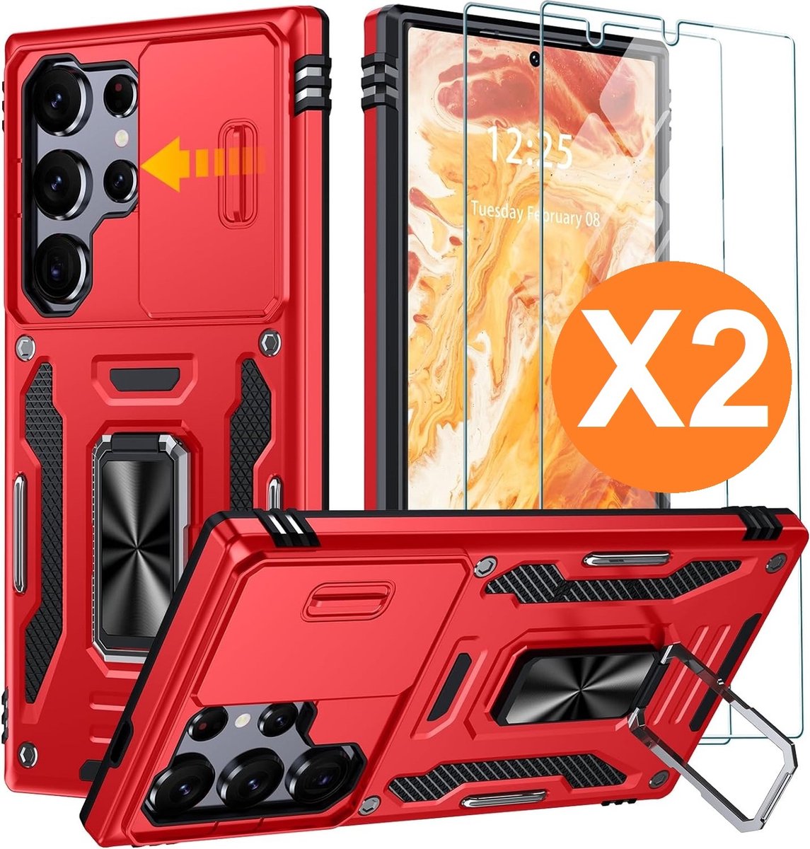 Hoesje Geschikt voor Samsung Galaxy S24 Ultra hoesje backcover Rood met Met Draaibare Ring Houder en camera bescherming - Galaxy S24 Ultra Screenprotector - 2 stuks