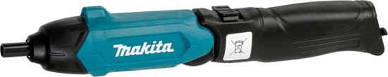 Turquoise en zwarte Makita schroevendraaier.