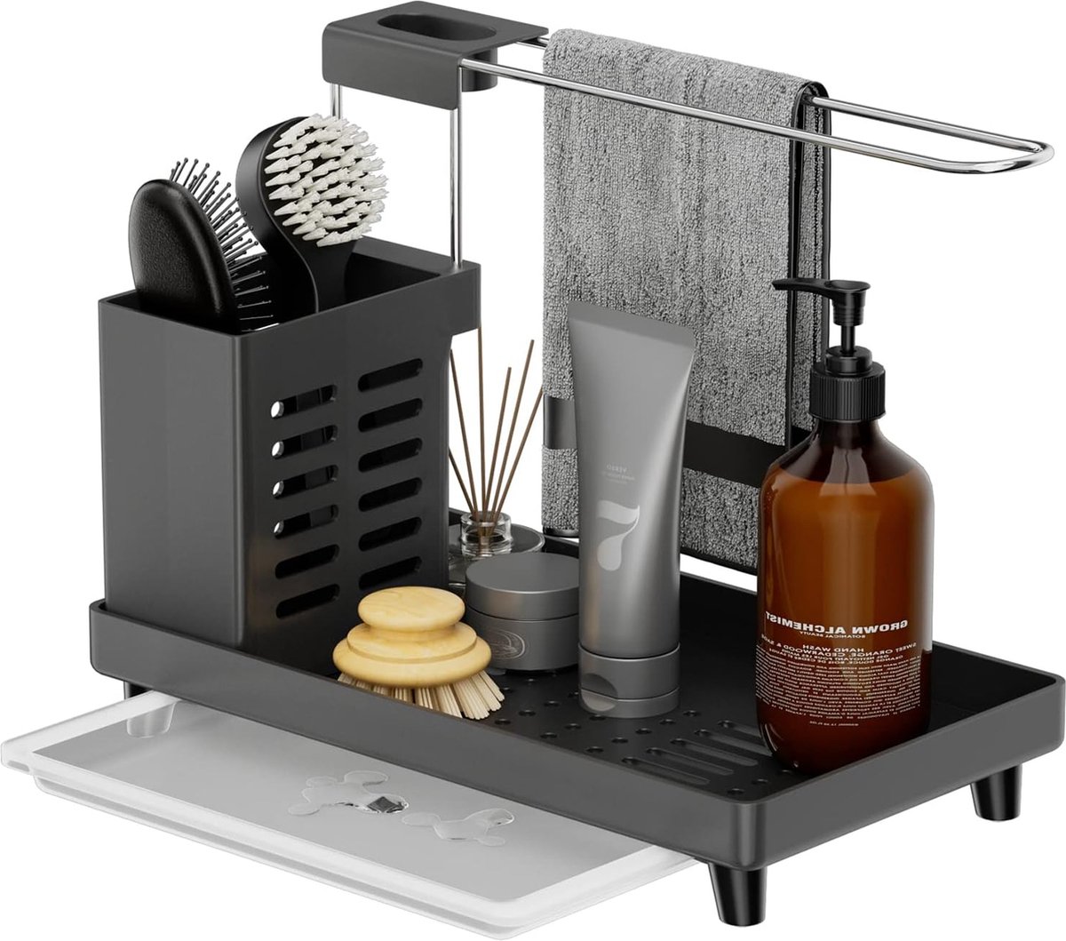 Kitchen Sink Organizer - Gebruiksvoorwerpenmand voor keuken en badkamer met lekbak, zelfklevend werkblad Dual-use sponsborstel zeepbakje houder, voor handdoeken, handdoeken
