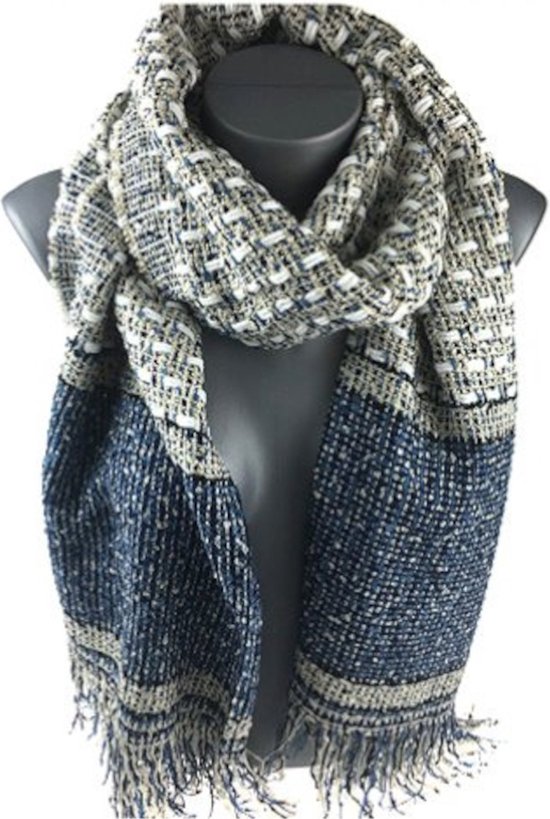Winter Sjaal – Zacht en warm breisel - 180x60 cm - Unisex - Blauw/Creme