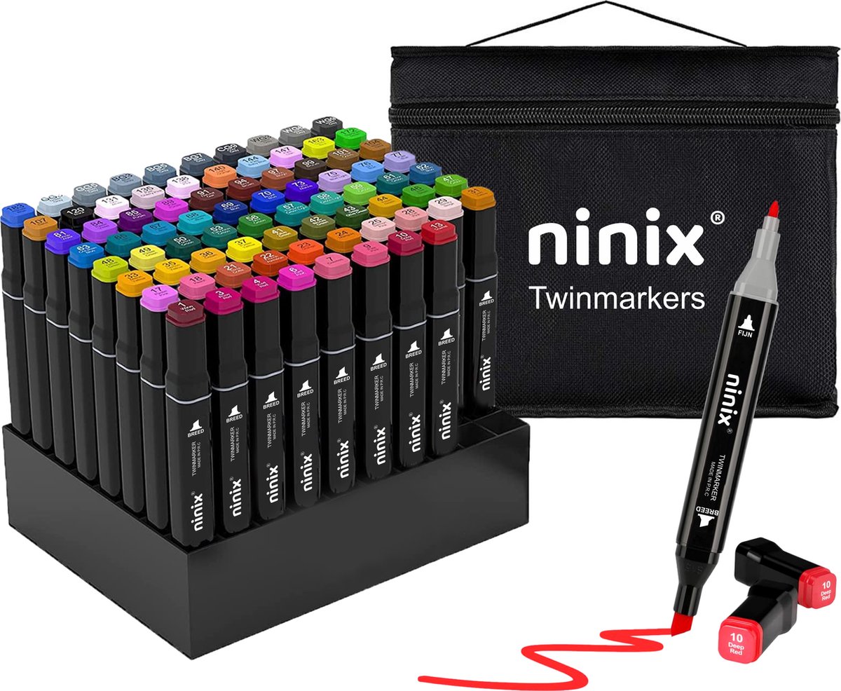 Ninix Twinmarkers 80 stuks - Dubbelzijdige Dual-Tip markers - Markeerstiften - Opbergtas en Stiftenhouder - Stiften voor volwassenen & kinderen