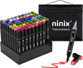 Ninix Twinmarkers - Marqueurs double face Dual pointe - Surligneurs à Alcohol - avec sac de rangement et porte-stylo - 80 pièces