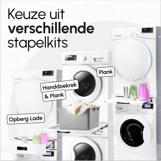 Keuze uit verschillende stapelkits, waaronder een plank, opberglade en handdoekrek.