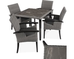 tectake® Wicker meubelset - 4 stoelen en 1 tafel - Moderne en weerbestendige stoelen (Draagkracht 150 kg) met eettafel in marmerlook ((LxBxH) 93,5 x 93,5 x 75 cm) - Eetkamer lounge - Tuinmeubelen voor balkon, terras en buitenkeuken - Grijs