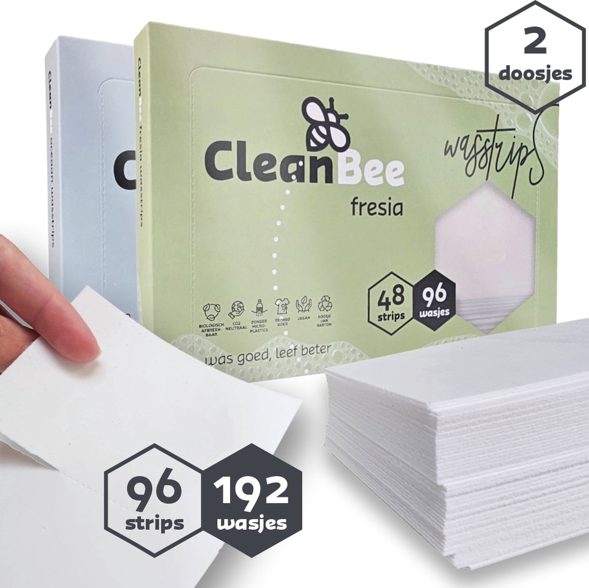 CleanBee® proefpakket 2 x 96 wasbeurten - Fresia - Oceaan - Wasdoekjes - Wasmiddel Voordeelverpakking - Eco - Wasstrips - Duurzaam - Plasticvrij -