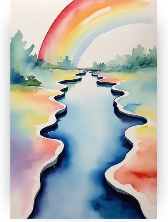 River in waterverf schilderij - Regenboog glasschilderij - Schilderij kleurrijk - Moderne schilderijen - Schilderijen plexiglas - Kunst aan de muur - 60 x 90 cm 5mm