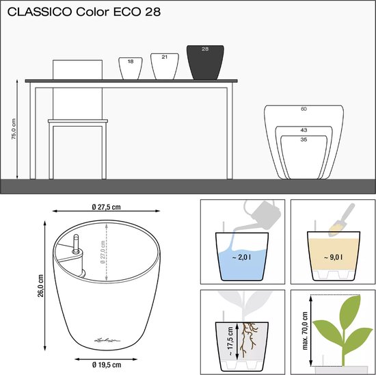 LECHUZA CLASSICO Color ECO 28 - Jardinière - avec système d'arrosage - Ensemble TOUT-EN-UN - Matériau 100% recyclé - gris clair