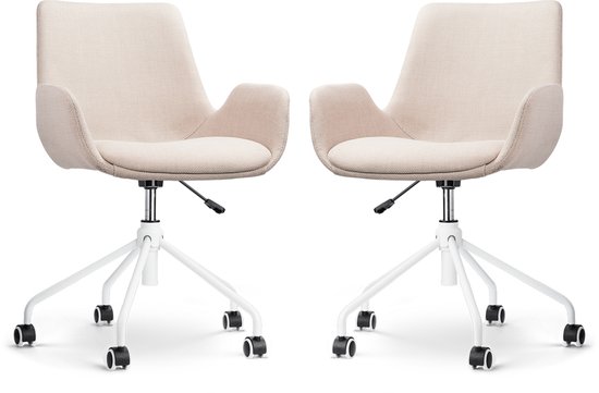 Nolon Nout-Eef Bureaustoelen Set van 2 Beige - Stof - Verstelbaar - Wielen - Wit Onderstel - Lage Armleuning - Modern - Design