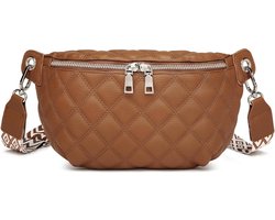 Leren schoudertas voor dames, stijlvolle crossbody tas voor dames, brede riem, handtas, buiktas, borsttas, kleine schoudertas, moderne tas met brede schouderriem, bruin, F183 - gewatteerd
