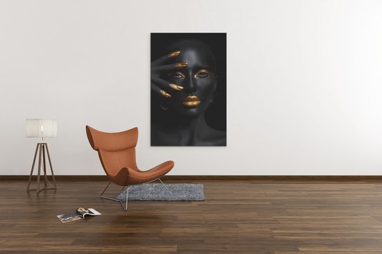 Canvas Schilderij Vrouw - Gouden Make-up - Zwart - Goud - 150x100x2 cm