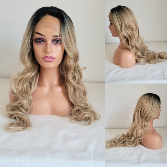 Foto: Frazimashop ombre t blond pruik hittebestendige luxe pruiken dames lang golf pruik lace front wig 13x4 65 cm