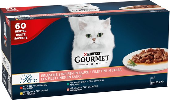 Gourmet Perle Mini Filets in saus - Kattenvoer Natvoer - kip, konijn, rund & zalm - 60 x 85 g