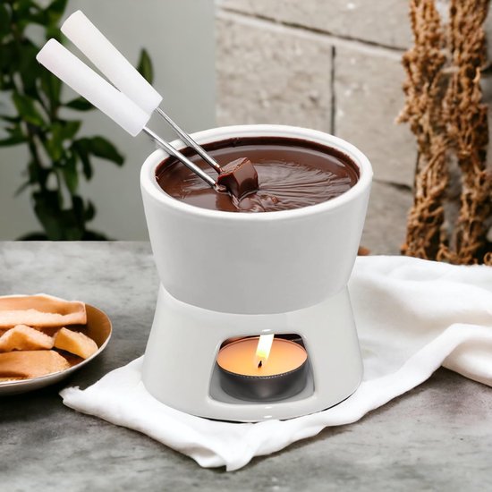 Mini Chocolade Fondueset - Ontdek Puur Chocoladegenot met Trendy en Stijlvol Design - Inclusief 2 Fonduevorken, Ideaal voor Koekjes & Fruit - Keramiek, Wit - 10 x 9 x 6 cm - Merkloos