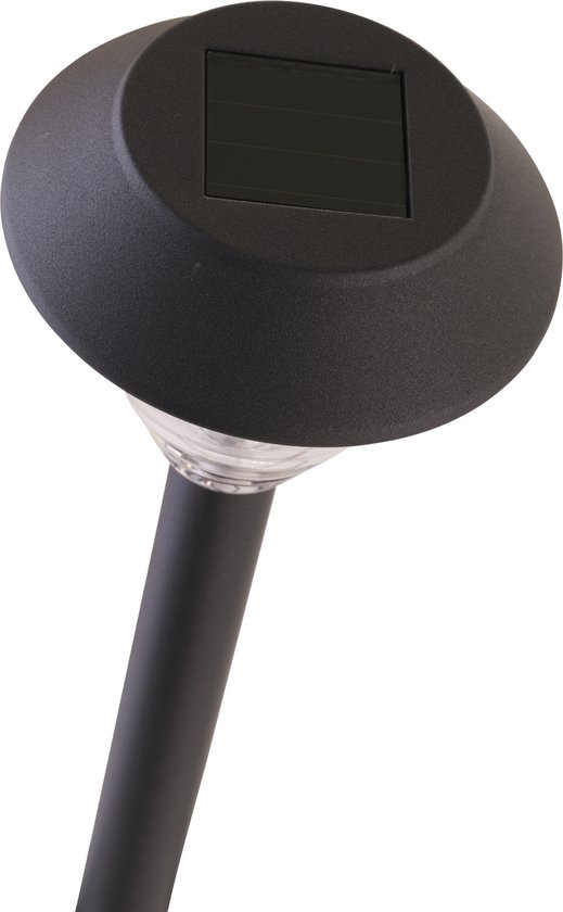 Zwarte solar tuinlamp met een ronde, antracietkleurige kap met zonnepaneel.
