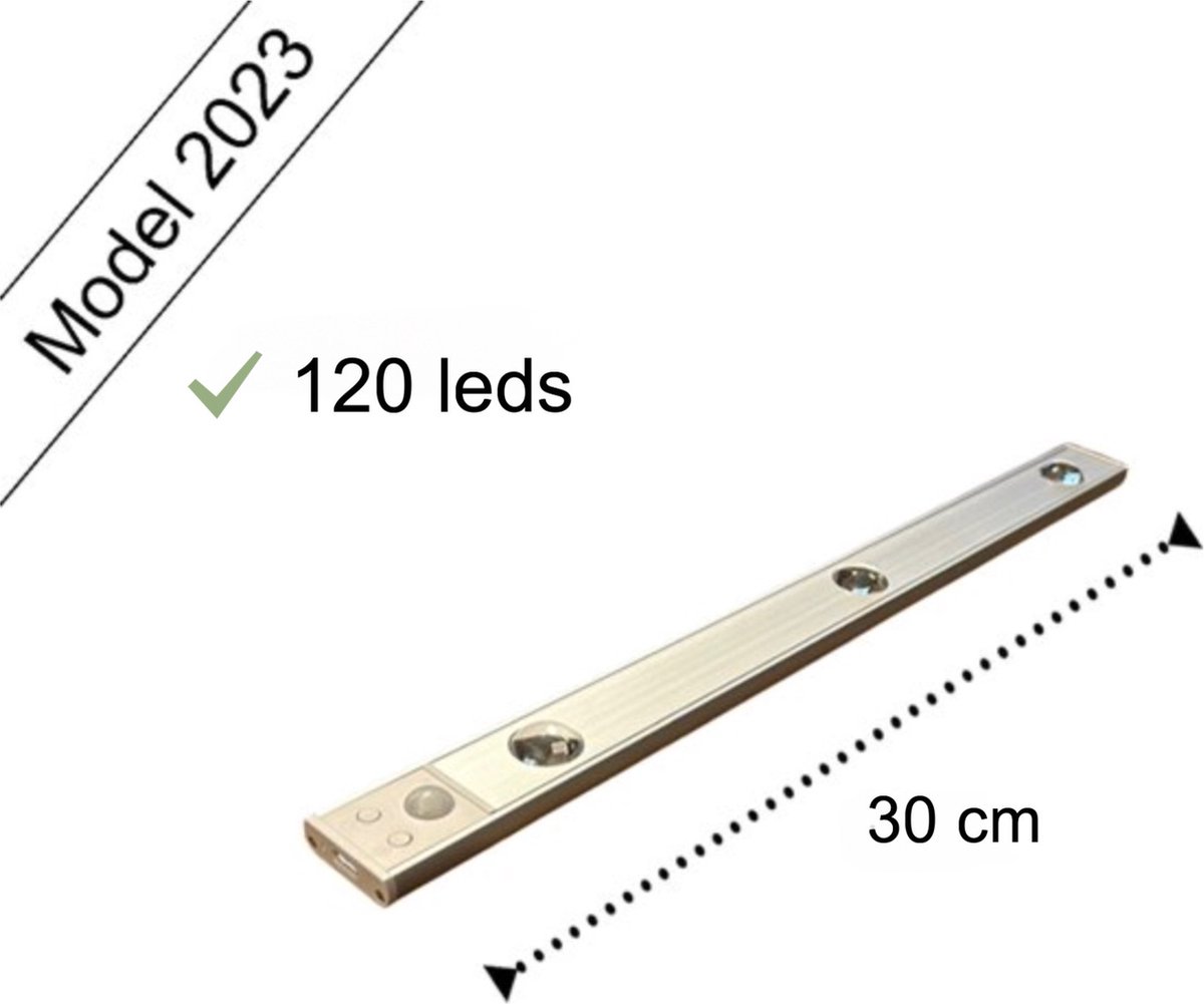 Led lamp - Led Strip - 30 cm-120 Leds -Accu -3 standen -warm licht, koud licht, fel licht - Opladen USB C -Lichtsensor-Bewegingssensor- Magnetische Ophanging