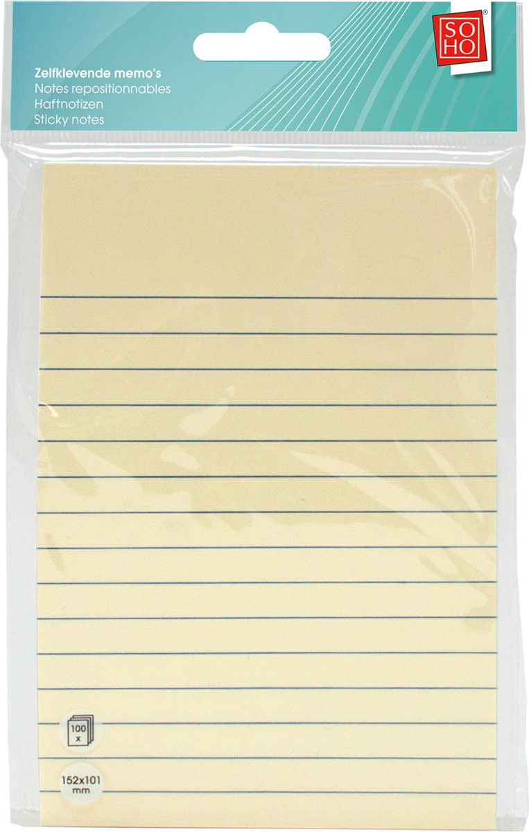 SOHO Zelfklevende memo's – Memo’s met lijnen – Plakbare notitieblaadjes – Plakbare memo’s – 15 x 10 cm – 100 stuks – Ivoorwit – Geel