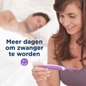 Vrouw houdt Clearblue ovulatietest vast. Man slaapt op achtergrond. "Meer dagen om zwanger te worden".