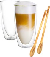 Swanza® Lofty Latte - Dubbelwandige Koffieglazen – Latte Macchiato Glazen – Theeglazen - Met Slanke Vorm - 350ML – 2 Stuks - Met 2 Olijfhouten Koffielepels
