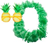 Tropische Hawaii party verkleed accessoires set - Ananas zonnebril - bloemenkrans fluor groen - voor dames