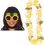 Tropische Hawaii party verkleed accessoires set - Ananas zonnebril - en bloemenkrans geel - voor dames