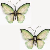 Anna's Collection Wand decoratie vlinder - 2x - groen - 30 x 21 cm - metaal - muurdecoratie