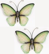 Anna's Collection Wand decoratie vlinder - 2x - groen - 20 x 14 cm - metaal - muurdecoratie