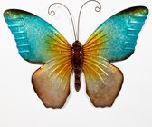 Anna's Collection Wand decoratie vlinder - blauw - 32 x 24 cm - metaal - muurdecoratie