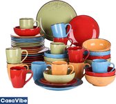 CasaVibe Luxe Serviesset – 48 delig – 12 persoons – Porselein - Bordenset – Dinner platen – Dessertborden - Kommen - Mokken - Set - Rood - Geel - Groen - Blauw