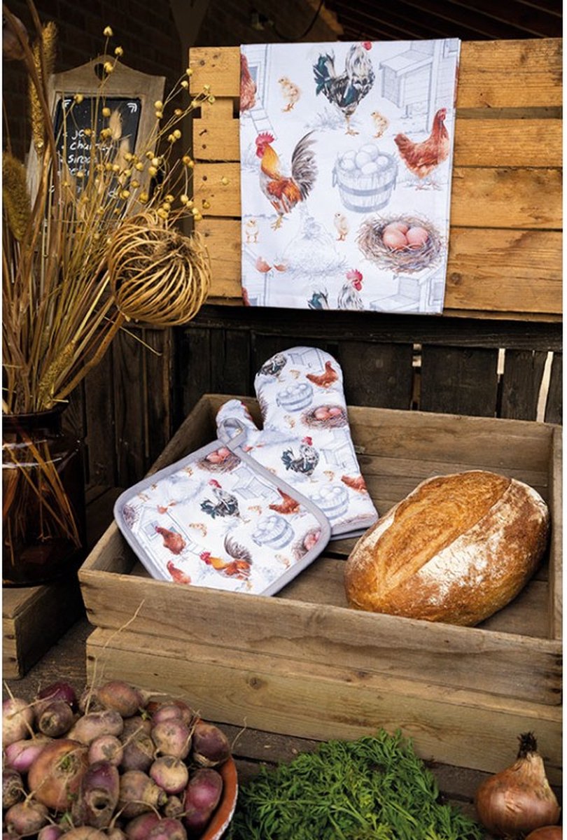 Keuken textiel cadeauset - Chicken Farm - Theedoek - Ovenwant - Pannenlap - Kippen - Pasen