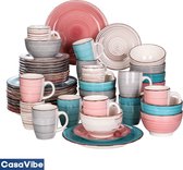 CasaVibe Luxe Serviesset – 48 delig – 12 persoons – Porselein - Bordenset – Dinner platen – Dessertborden - Kommen - Mokken - Set - Roze- Blauw - Multi Color