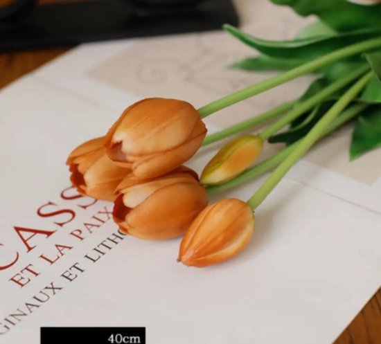 Real Touch Tulips Goud Oranje - Brons - Real Touch Tulpen - Gold - Tulpen - Kunstbloemen - Kunst Tulpen - Kunst Boeket - Tulp - 40 CM - Zijden Bloemen - Latex Bloem - Bruiloft - Voorjaar