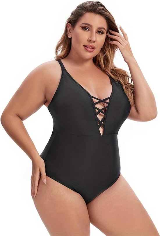 Maillot de bain décontracté Plus taille - Maillot de bain femme uni coupe croisée - Maillots de bain bikini beachwear - Zwart- Taille 3XL
