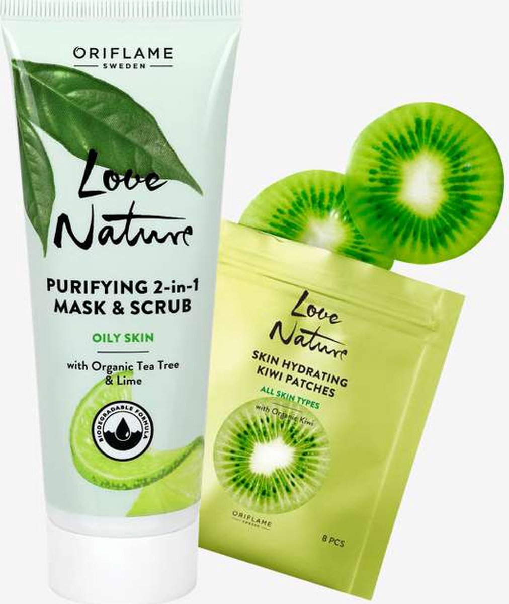 Love Nature Set - Love Nature Purifying 2-in-1 Mask & Scrub with Organic Tea Tree & Lime, 75 ml + Love Nature Skin Hydrating Kiwi Patches, 8 stuks