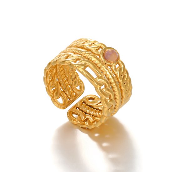Ring - Rvs - goudkleurig – brede – gourmet schakel –met rozenkwarts – edelsteen - Verstelbare - Makkelijke voor mensen met moeilijke en artrose vingers