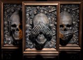 Horen Zien & Zwijgen Schedels 3D Schilderij | Optische Illusie Muur Boeddha Buddha Decoratie | 3 Wise Skulls | Decoratief Gothisch Halloween Horror Schilderij | 3D Print