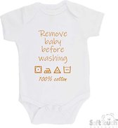 100% katoenen Romper "Remove baby before washing 100% cotton" Unisex Katoen Wit/tan Maat 56/62
