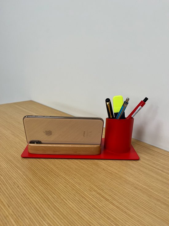 Furni24 Organisateur de bureau porte-stylo, support de téléphone (10x10x25 cm, rouge)