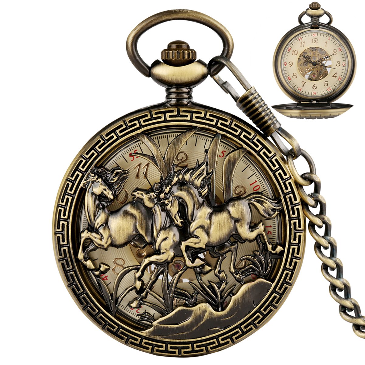 GWS Zakhorloge Paarden Mechanisch Vintage - Met ketting - Mechanisch Zakhorloge met handmatige opwinding