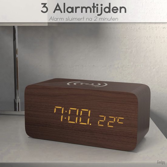 Gadgy Digitale Wekker met Draadloze Oplader - Houten Wekker met Eco Stand - Alarmklok met Temperatuur Datum en Tijd - Cadeau voor Vrouw en Man - Gadgy