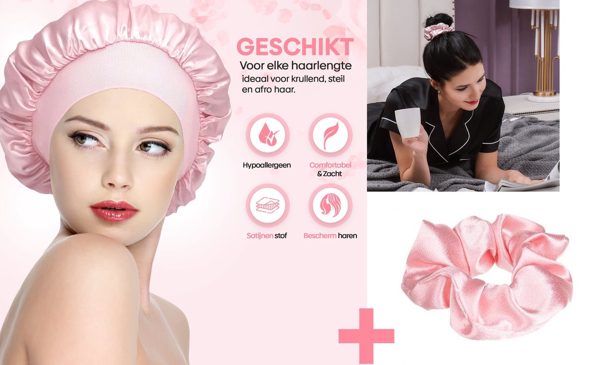 Satijnen Slaapmuts - Slaapmuts - Satijn - Inclusief Roze Scrunchie - Dames - Satin Bonnet - Satijnen Bonnet - Pure Pink